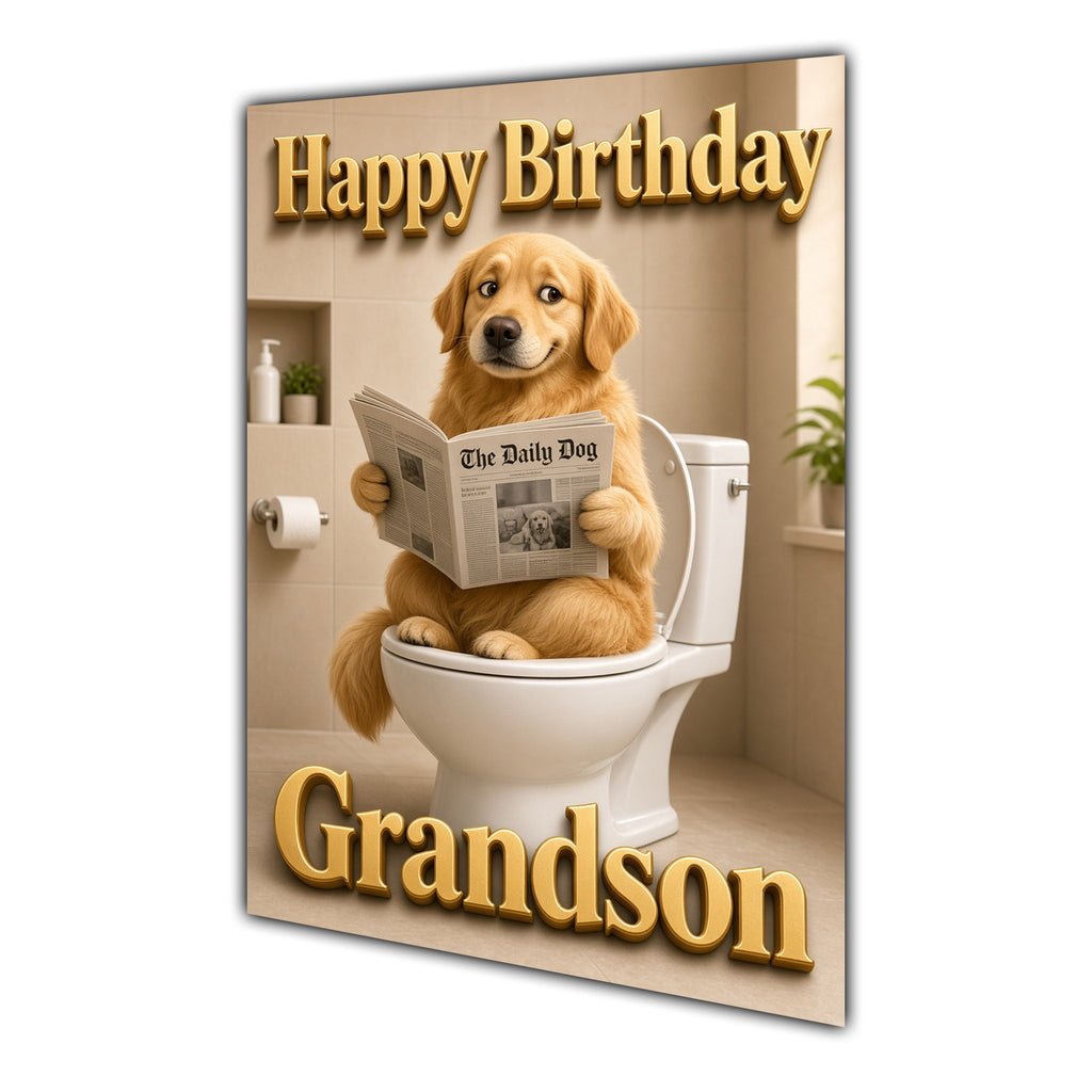 Happy Birthday Grandson Funny Dog Toilet Golden Retriever Card A5