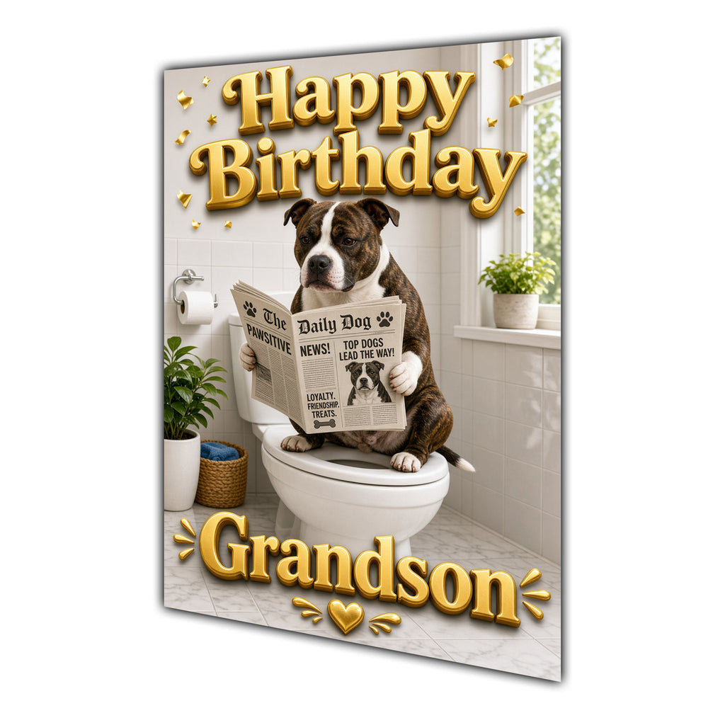 Happy Birthday Grandson Funny Dog Toilet Staffy Bull Terrier Card A5