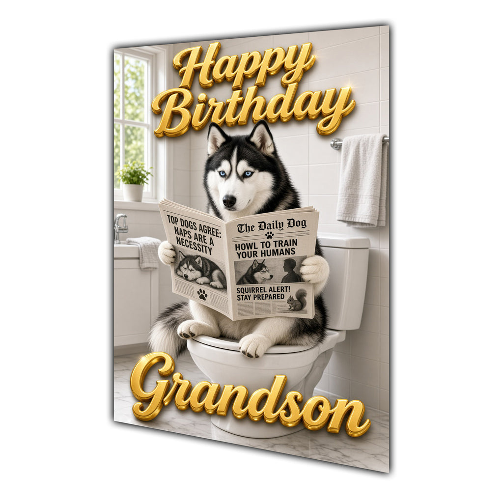 Happy Birthday Grandson Funny Dog Toilet Husky Greeting Card A5