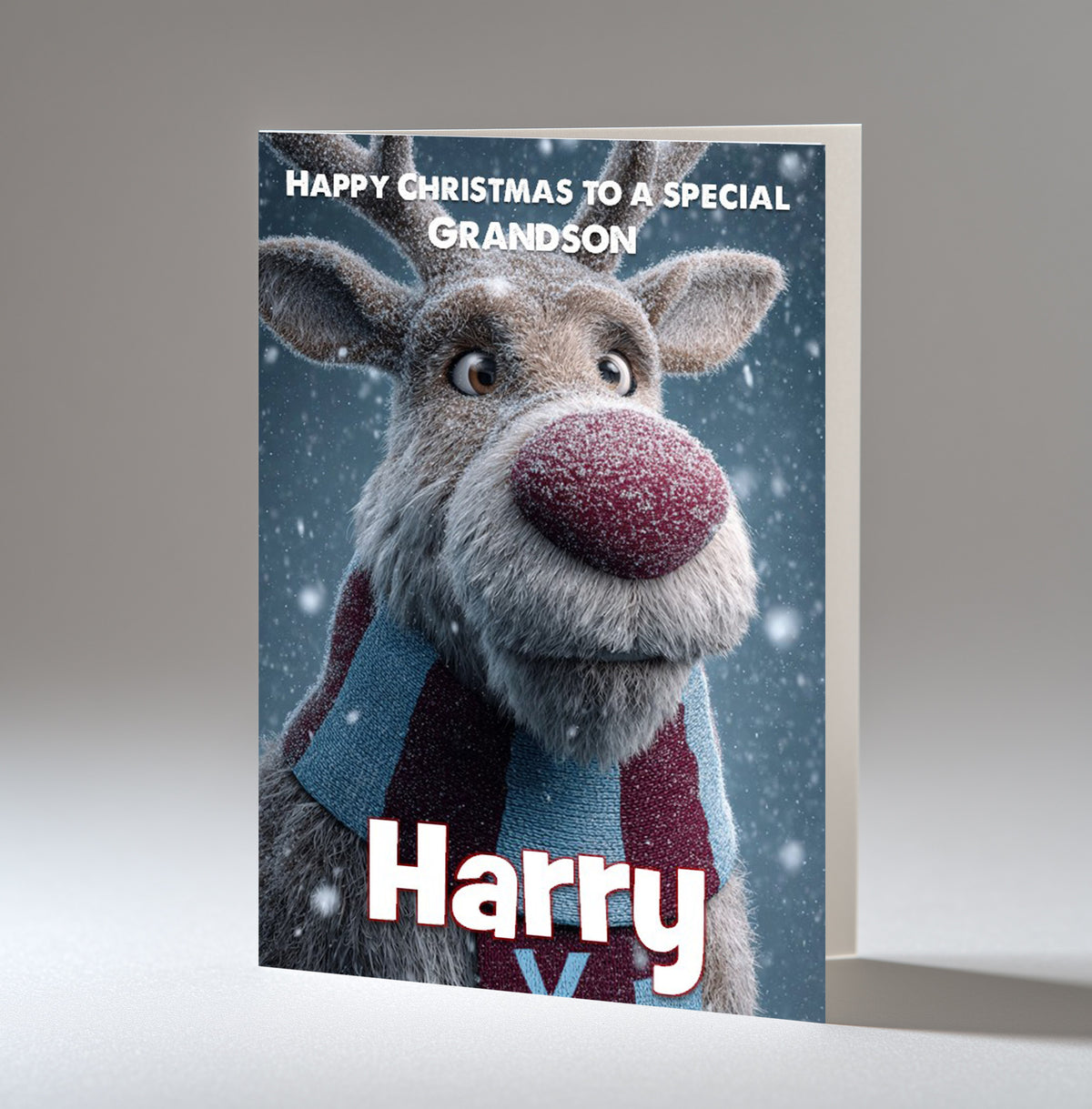 Personalised Christmas Card For Grandson, Son, Nephew, Brother, Friend, Rudolph The Red Nose Reindeer The Football Fan