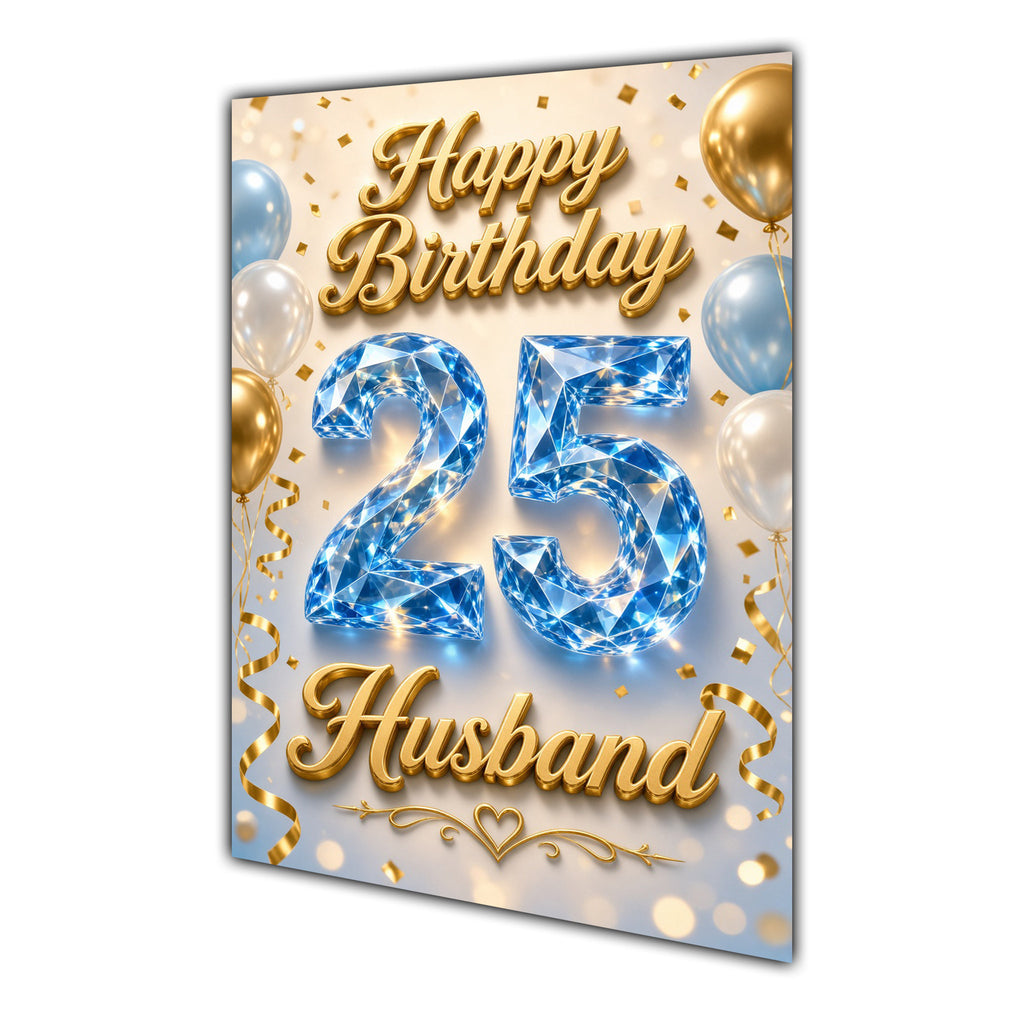 Happy Birthday Husband 25th Blue Gold Balloons Greeting Card A5
