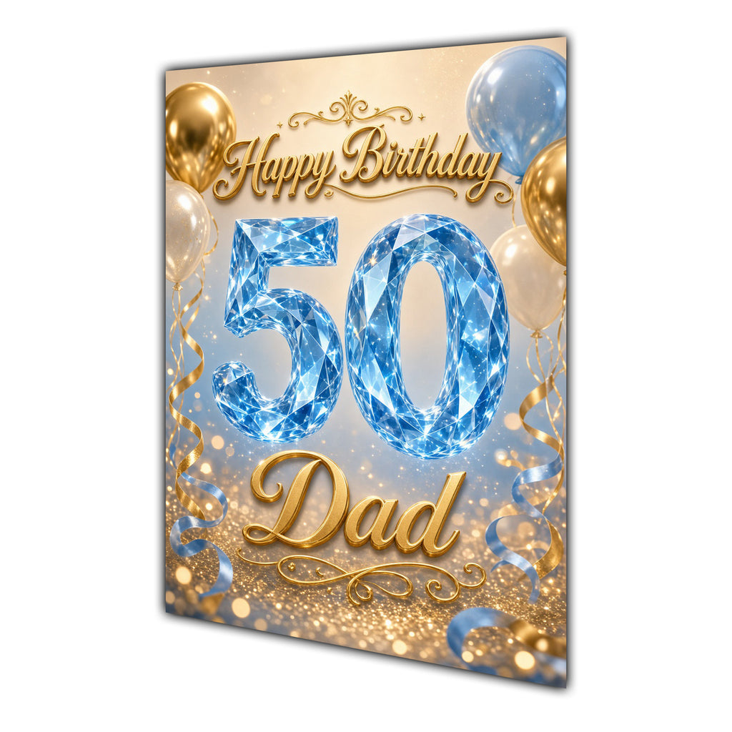 Happy Birthday Dad 50th Blue Gold Balloons Greeting Card A5