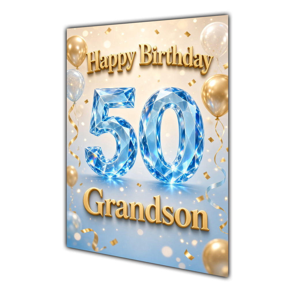 Happy Birthday Grandson 50th Blue Gold Balloons Greeting Card A5