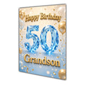 Happy Birthday Grandson 50th Blue Gold Balloons Greeting Card A5