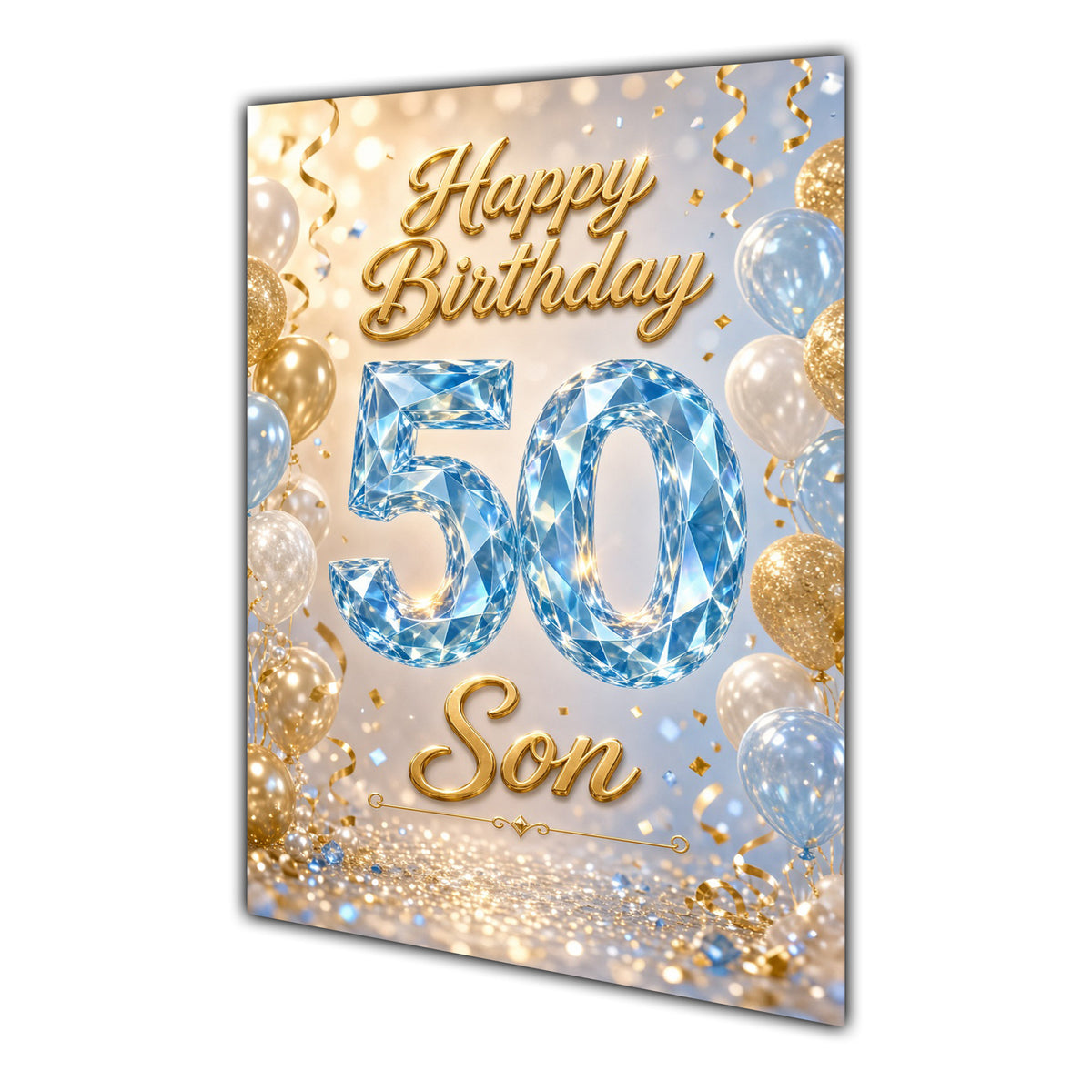 Happy Birthday Son 50th Blue Gold Balloons Greeting Card A5