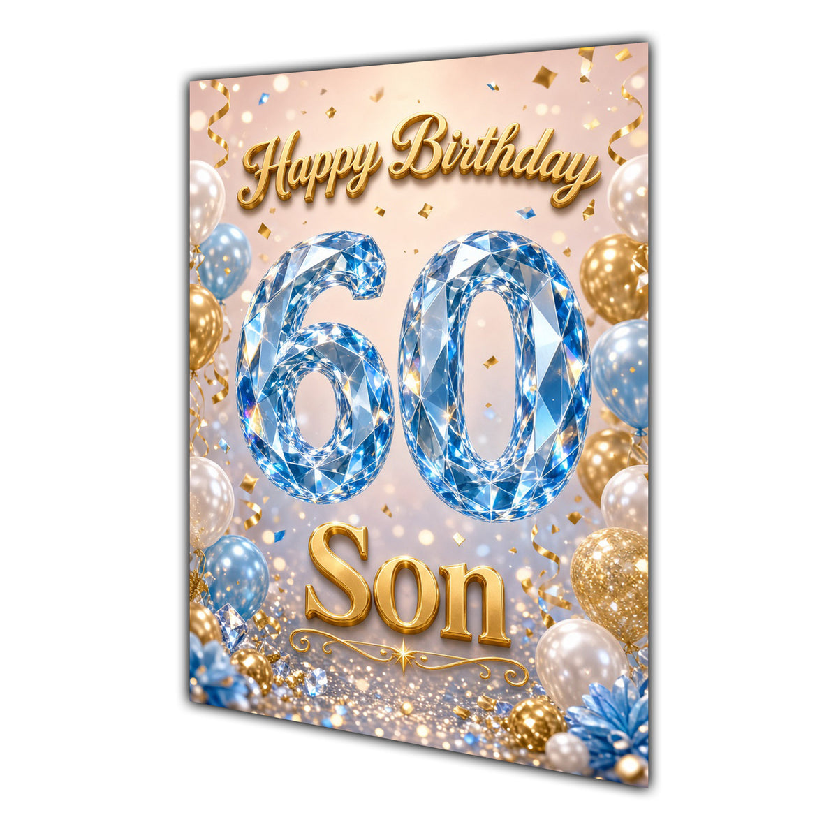 Happy Birthday Son 60th Blue Gold Balloons Greeting Card A5