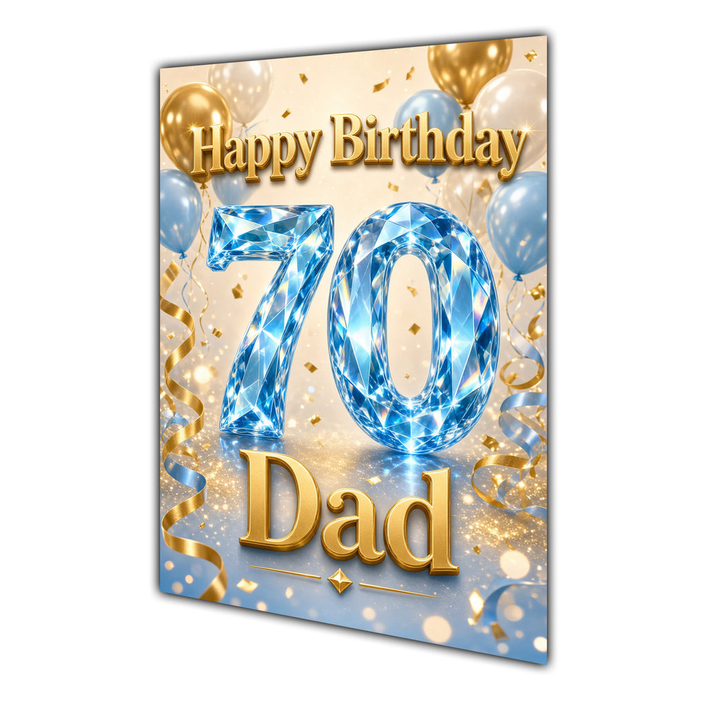Happy Birthday Dad 70th Blue Gold Balloons Greeting Card A5