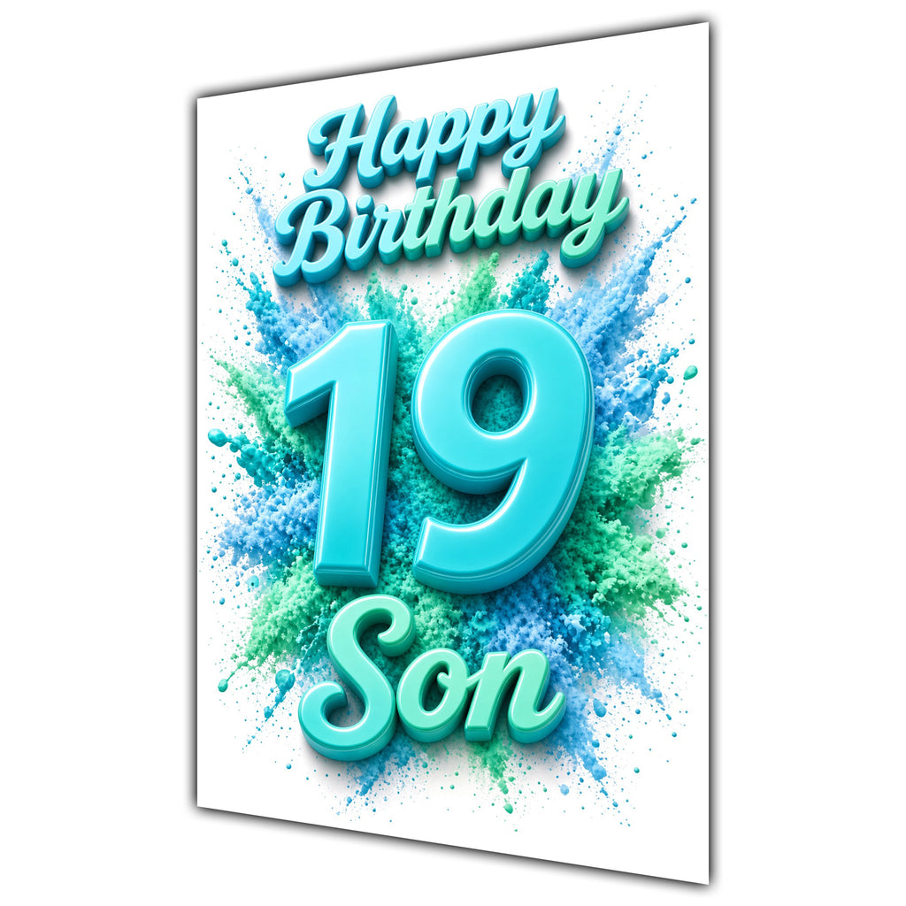 Happy Birthday Son 19th Teal Splash Greeting Card A5