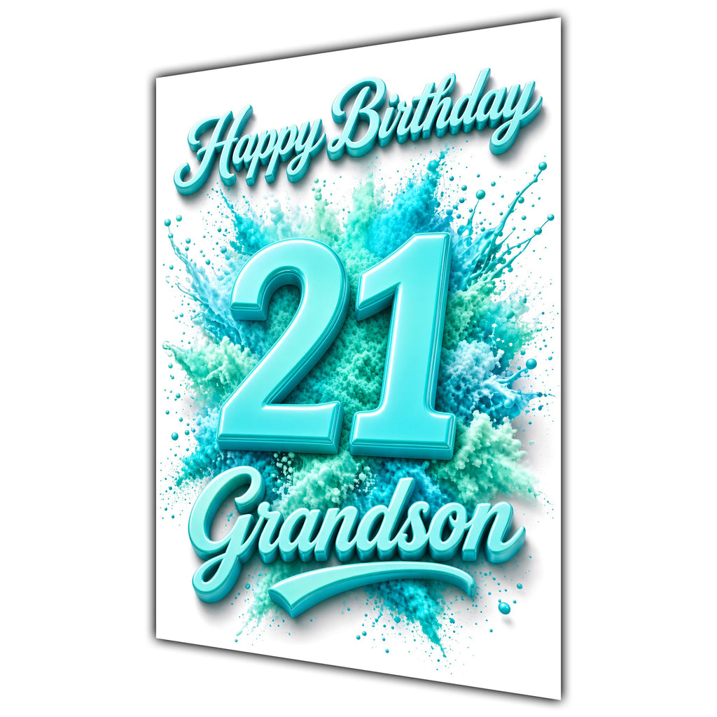 Happy Birthday Grandson 21st Teal Splash Greeting Card A5