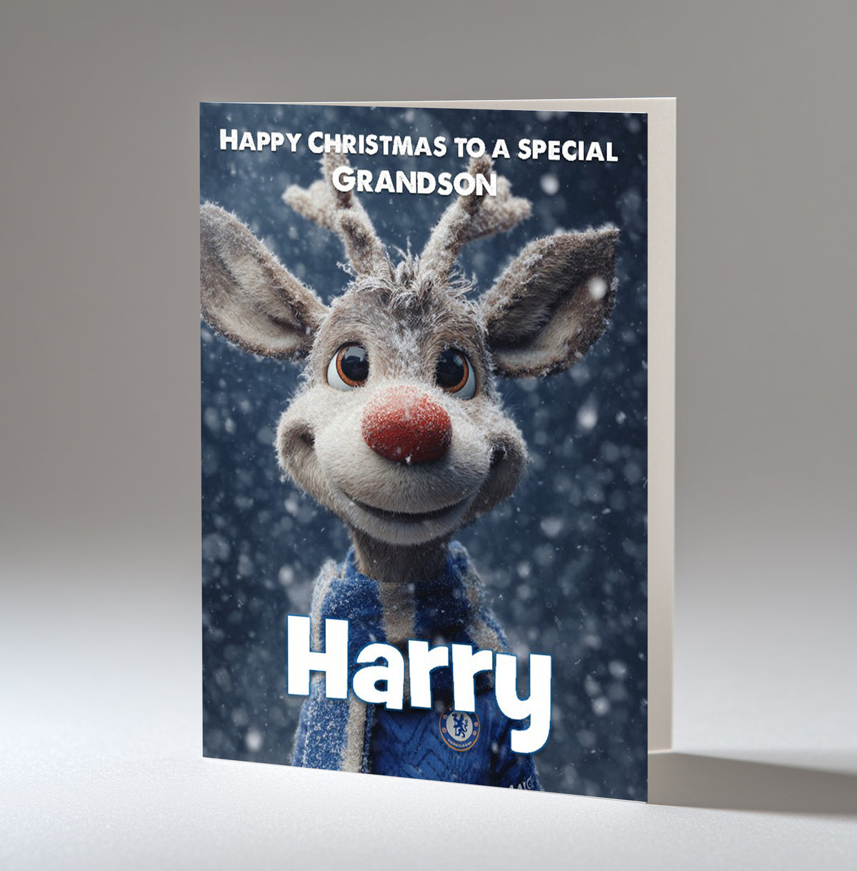 Personalised Christmas Card For Grandson, Son, Nephew, Brother, Friend, Rudolph The Red Nose Reindeer The Football Fan
