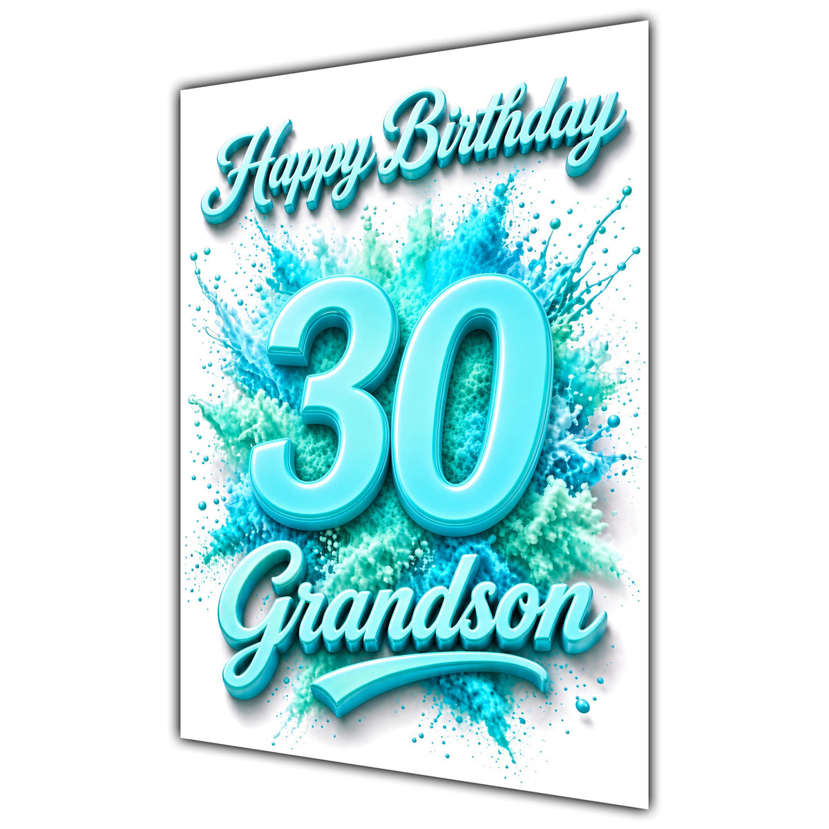 Grandson 30th Birthday Card - Turquoise Number and Colour Splash