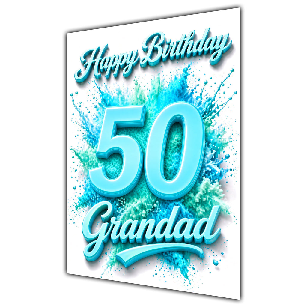 Grandad 50th Birthday Card - Turquoise Number and Colour Splash