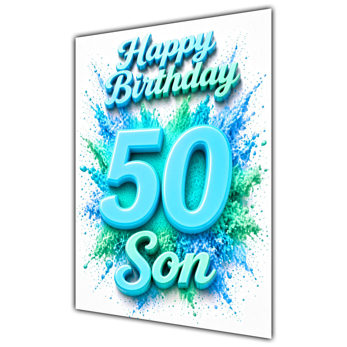 Son 50th Birthday Card - Turquoise Number and Colour Splash