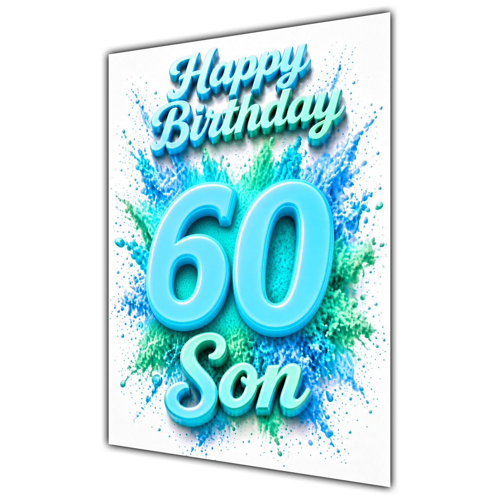Son 60th Birthday Card - Turquoise Number and Colour Splash