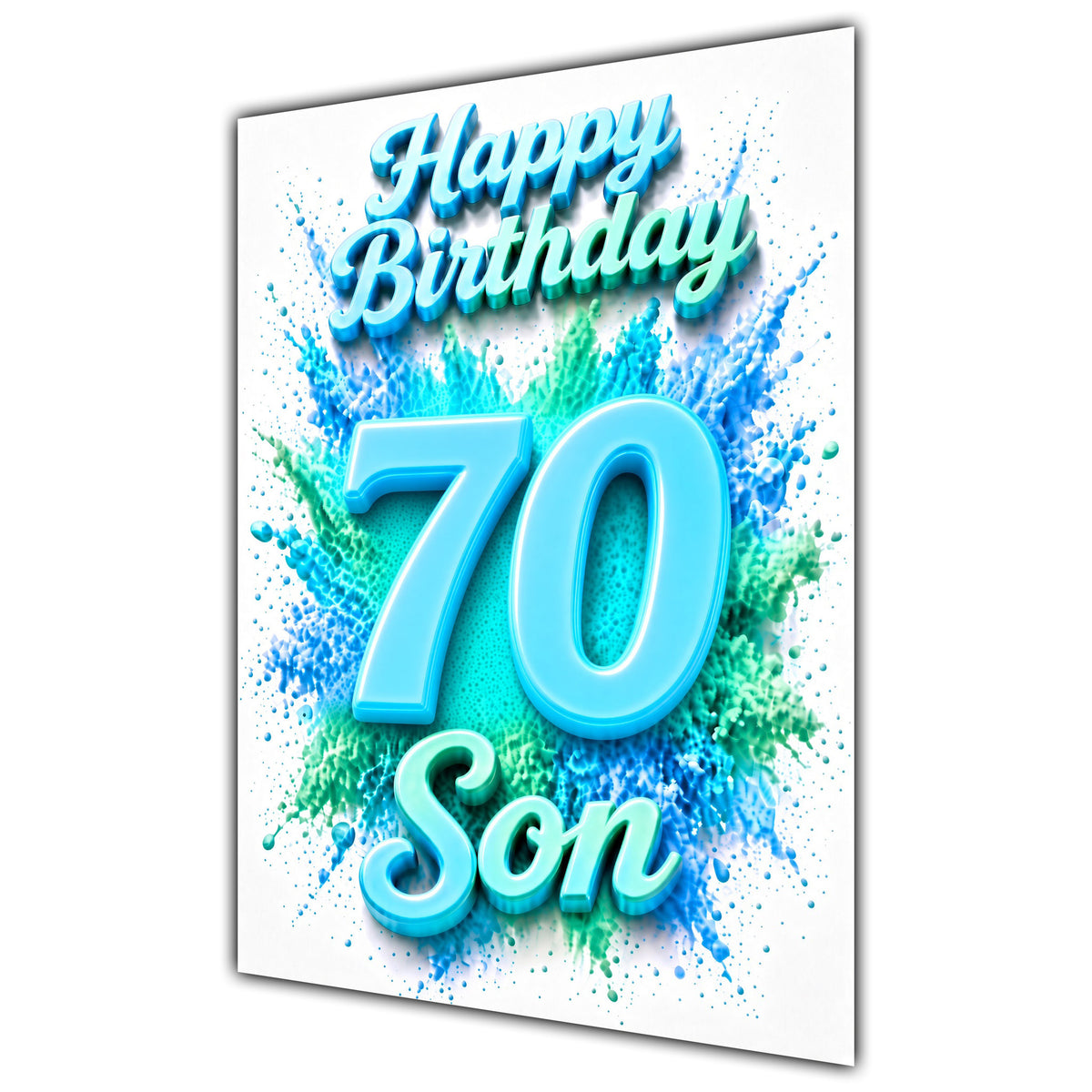 Son 70th Birthday Card - Turquoise Number and Colour Splash