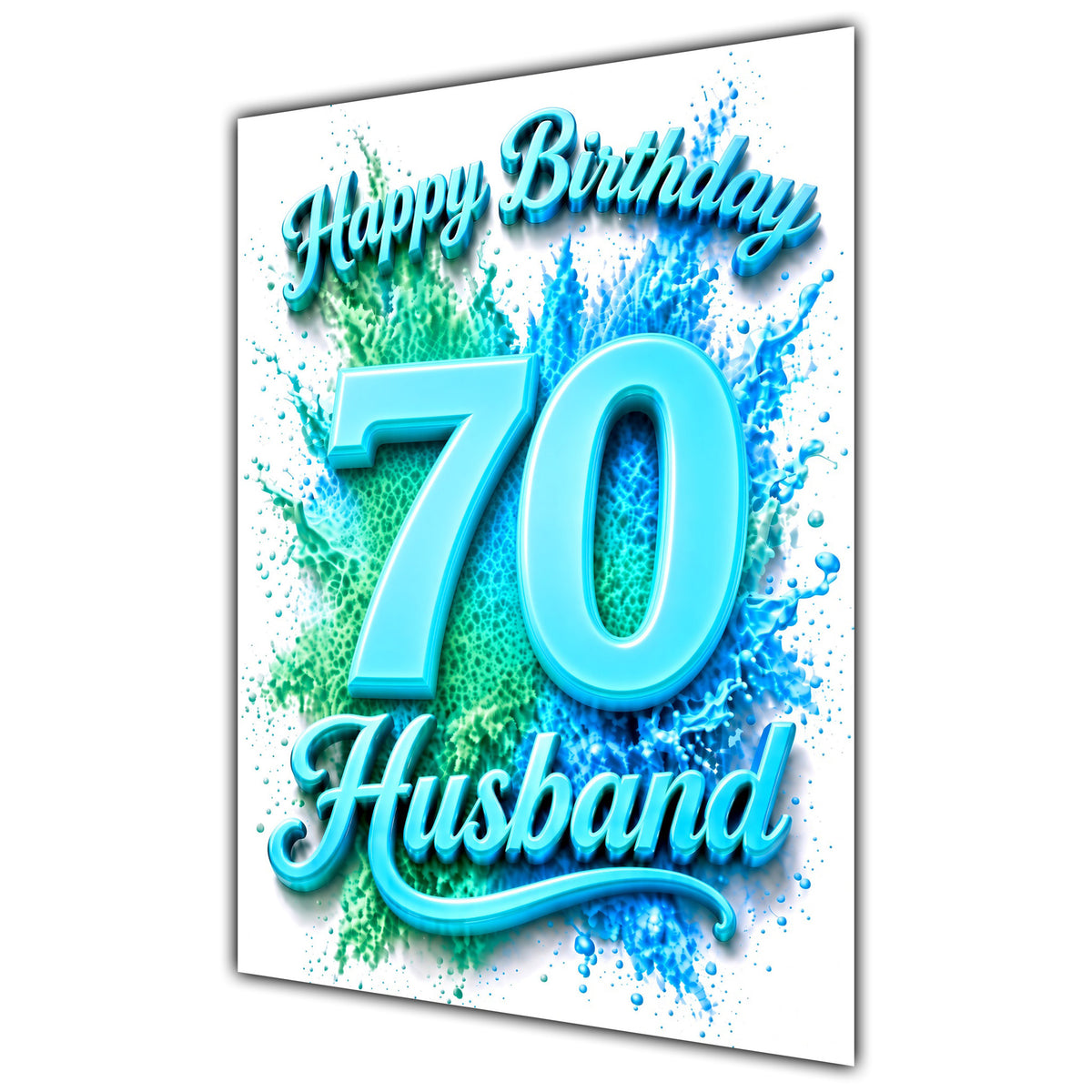 Husband 70th Birthday Card - Turquoise Number and Colour Splash