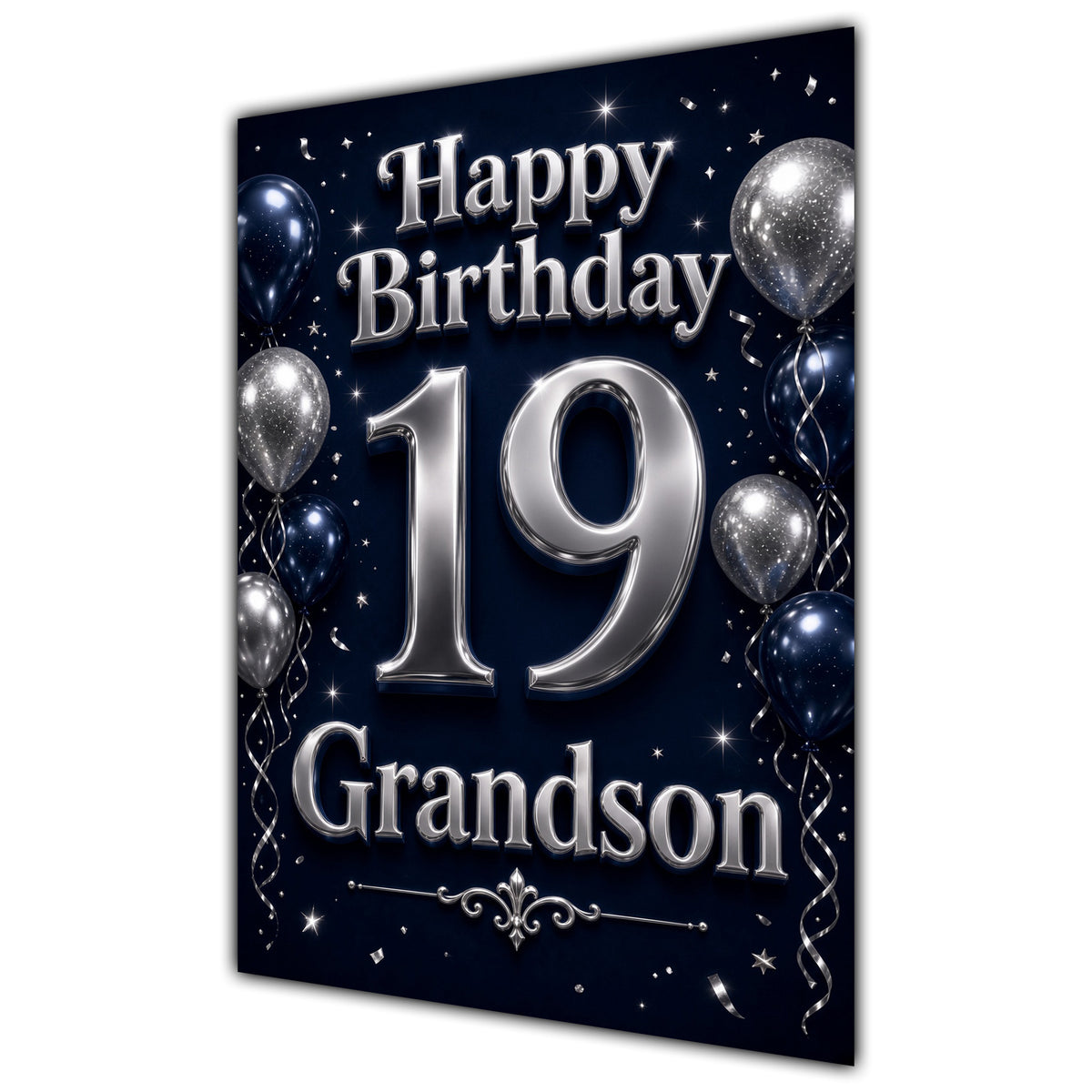 Grandson 19th Birthday Card - Navy and Silver Balloons
