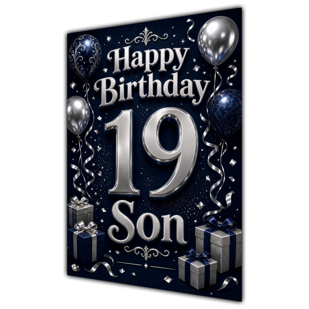 Son 19th Birthday Card - Navy and Silver Balloons