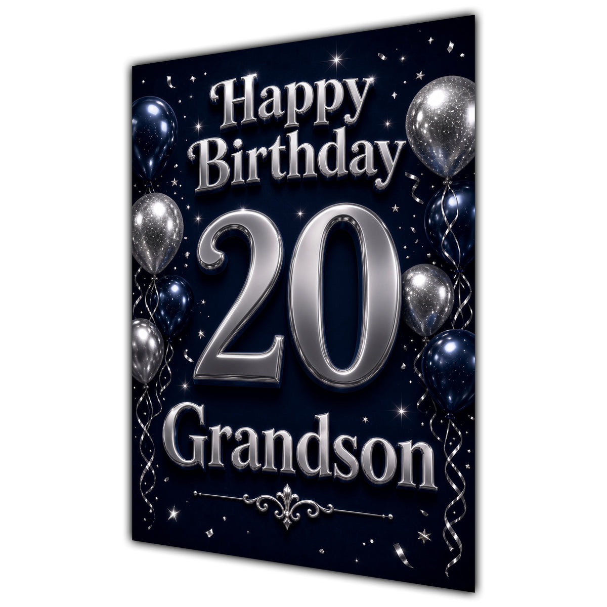 Grandson 20th Birthday Card - Navy and Silver Balloons
