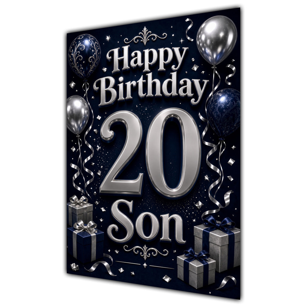 Son 20th Birthday Card - Navy and Silver Balloons