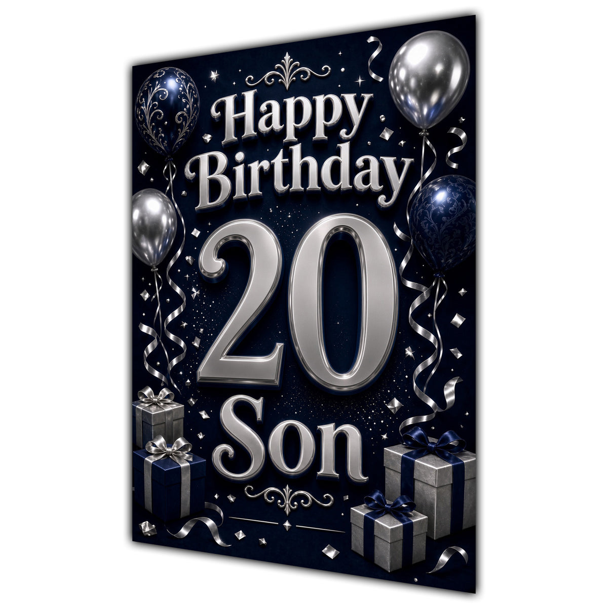 Son 20th Birthday Card - Navy and Silver Balloons