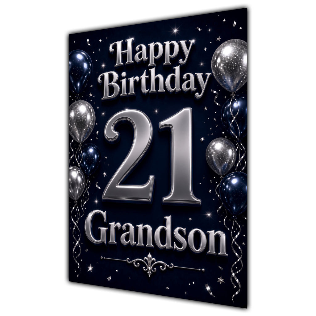 Grandson 21st Birthday Card - Navy and Silver Balloons