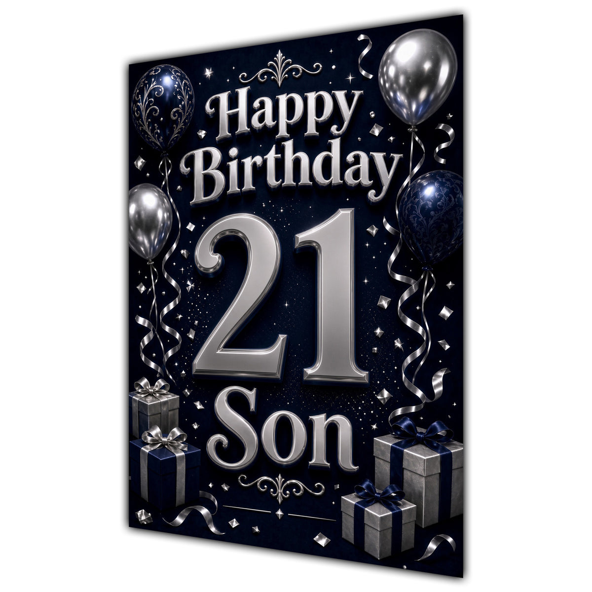Son 21st Birthday Card - Navy and Silver Balloons