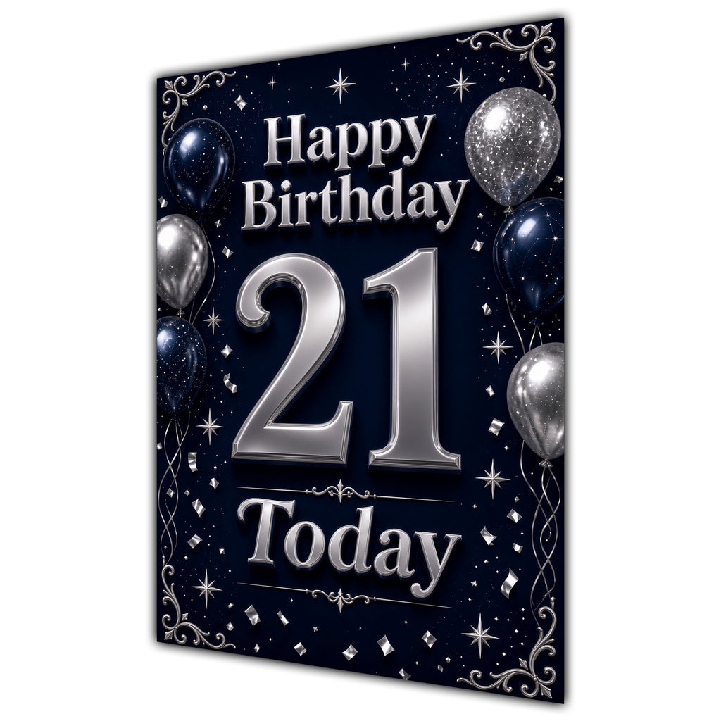 21st Birthday Card - Navy and Silver Balloons
