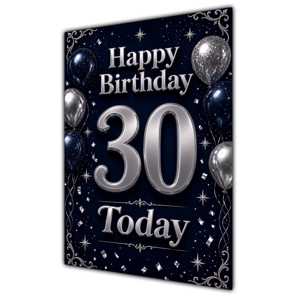 30th Birthday Card - Navy and Silver Balloons