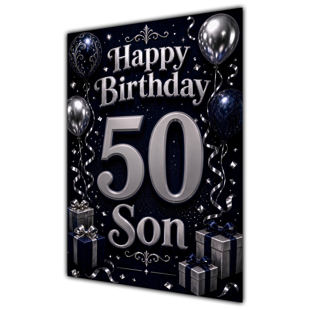 Son 50th Birthday Card - Navy and Silver Balloons