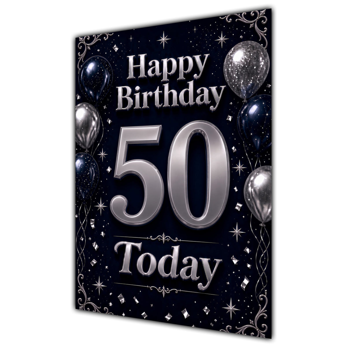 50th Birthday Card - Navy and Silver Balloons