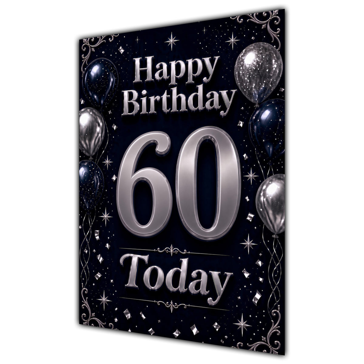 60th Birthday Card - Navy and Silver Balloons