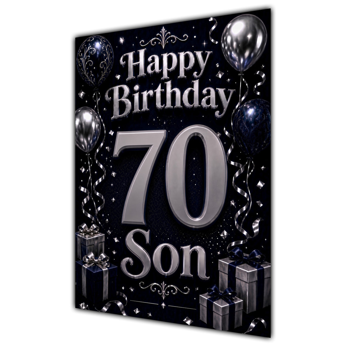 Son 70th Birthday Card - Navy and Silver Balloons