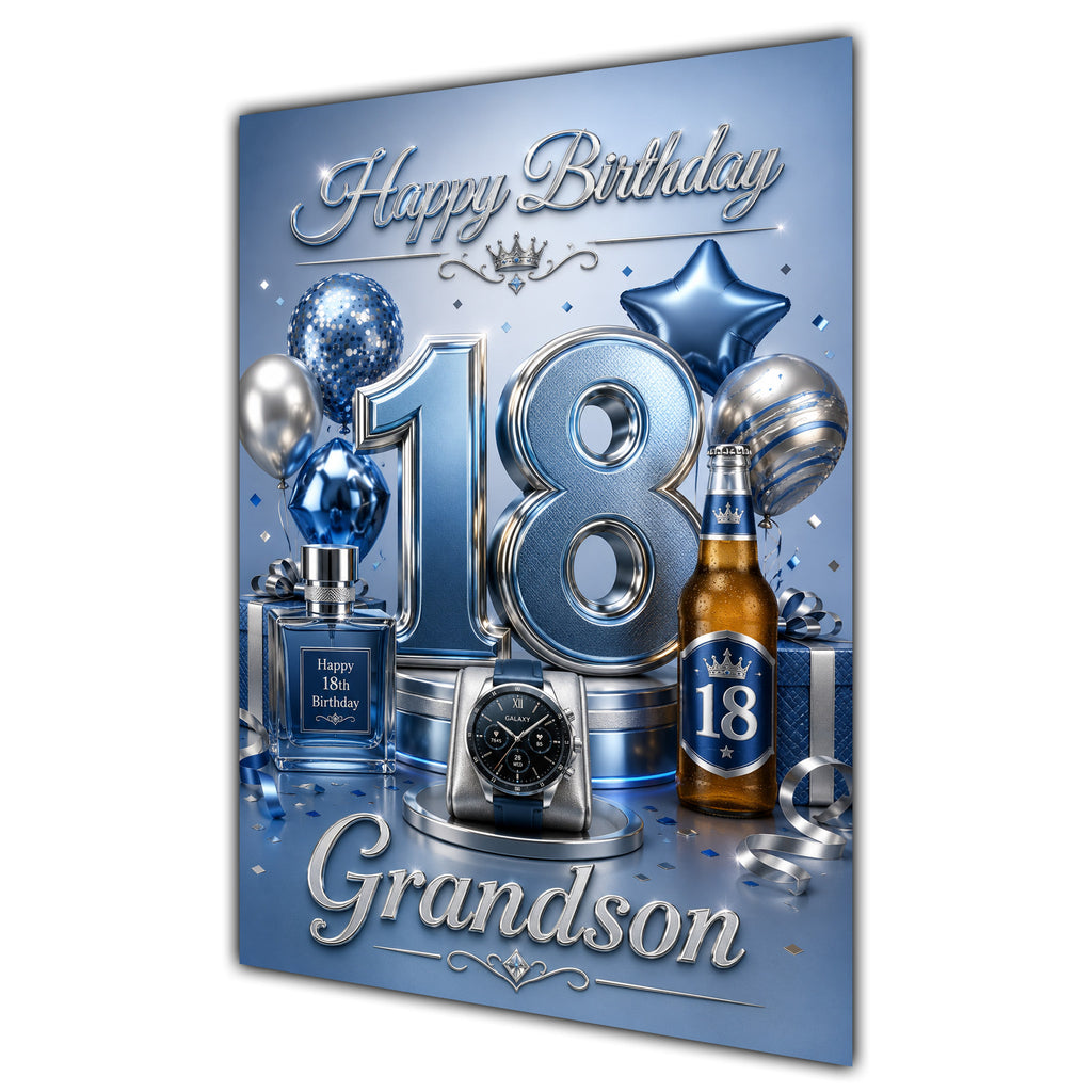 Grandson 18th Birthday Card - Blue and Silver Number, Watch and Bottles