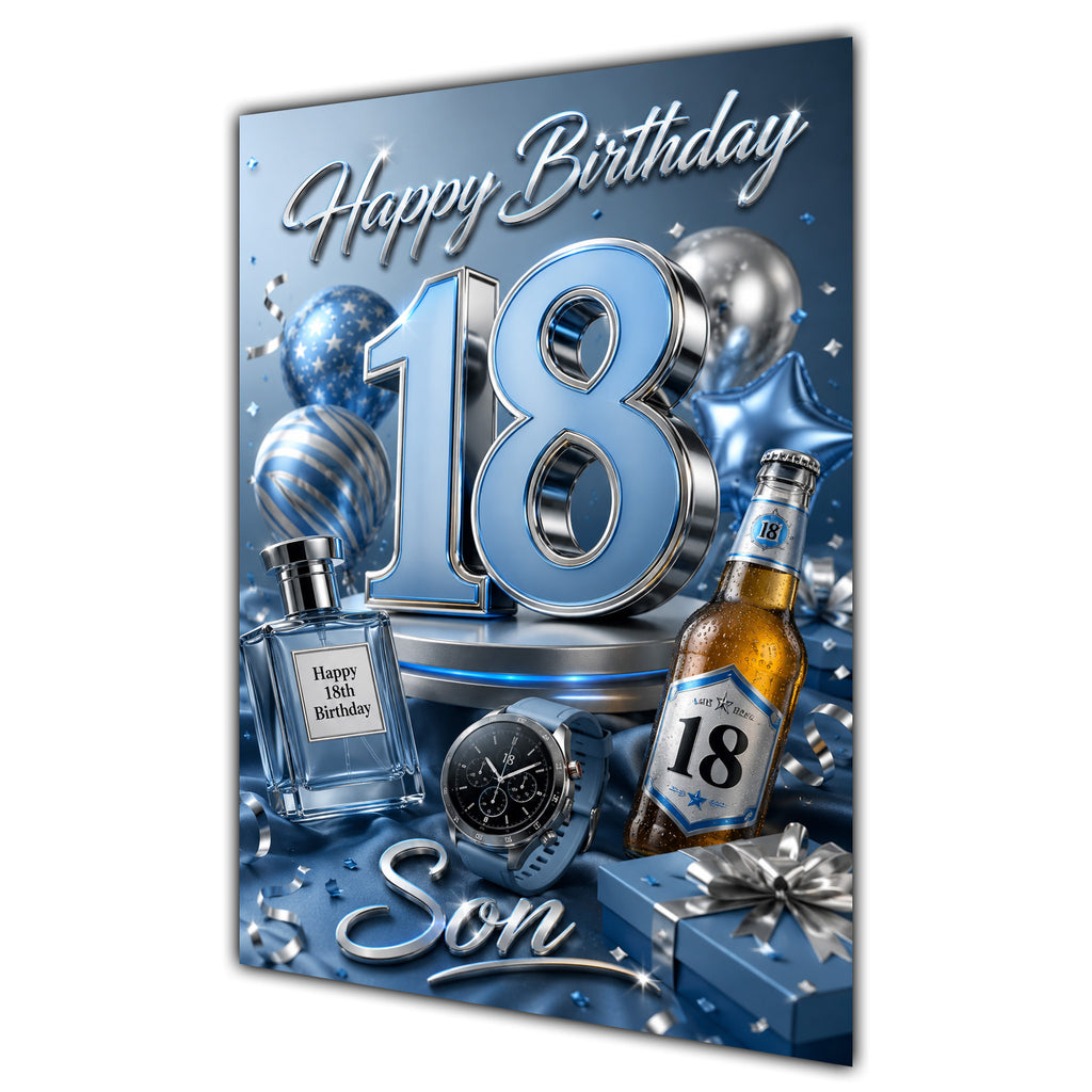 Son 18th Birthday Card - Blue and Silver Number, Watch and Bottles
