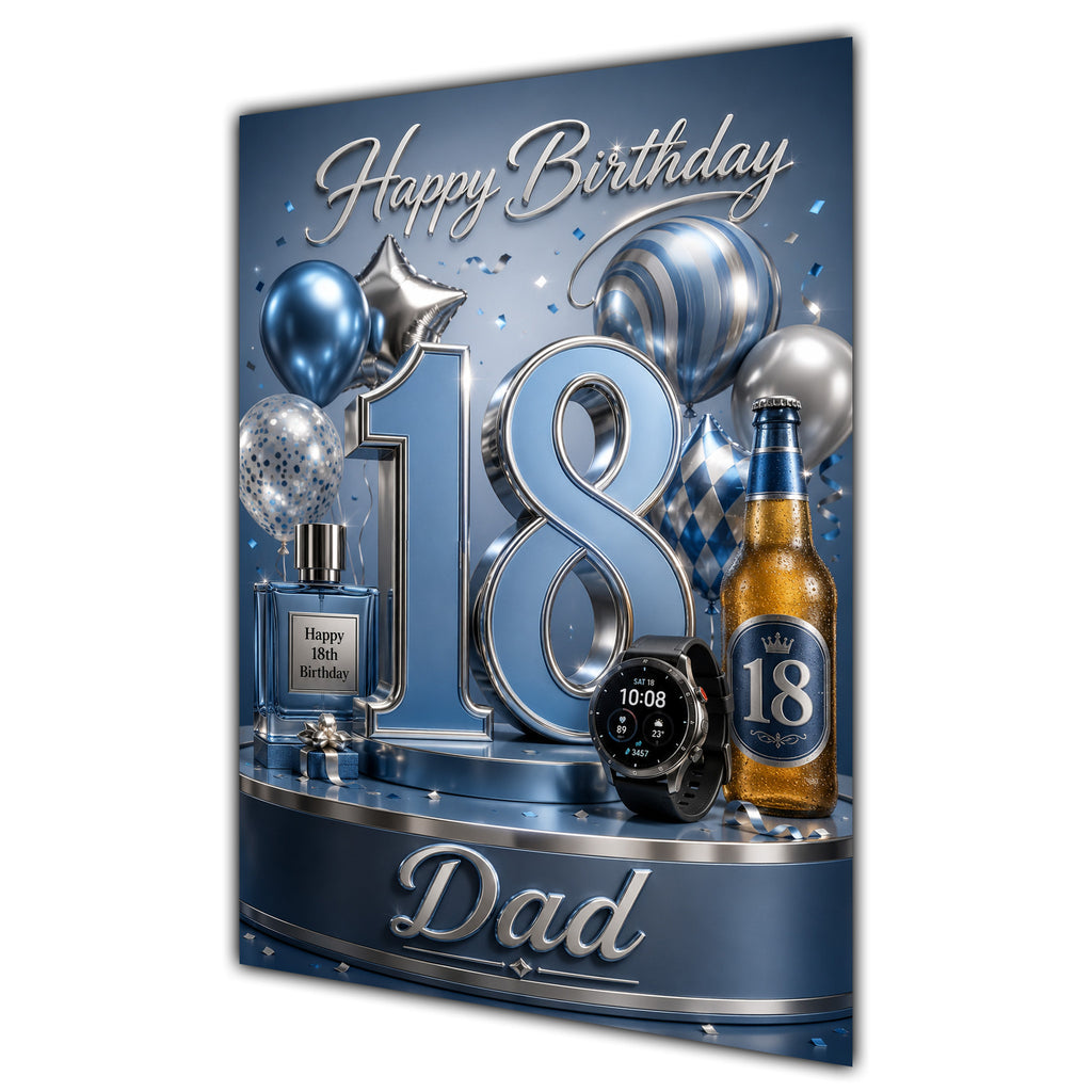 Dad 18th Birthday Card - Blue and Silver Number, Watch and Bottles