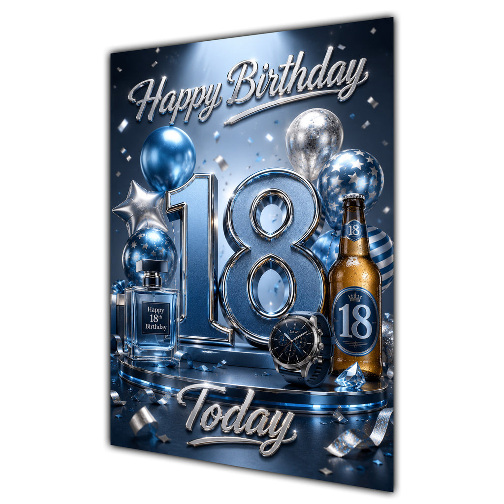 18th Birthday Card - Blue and Silver Number, Watch and Bottles