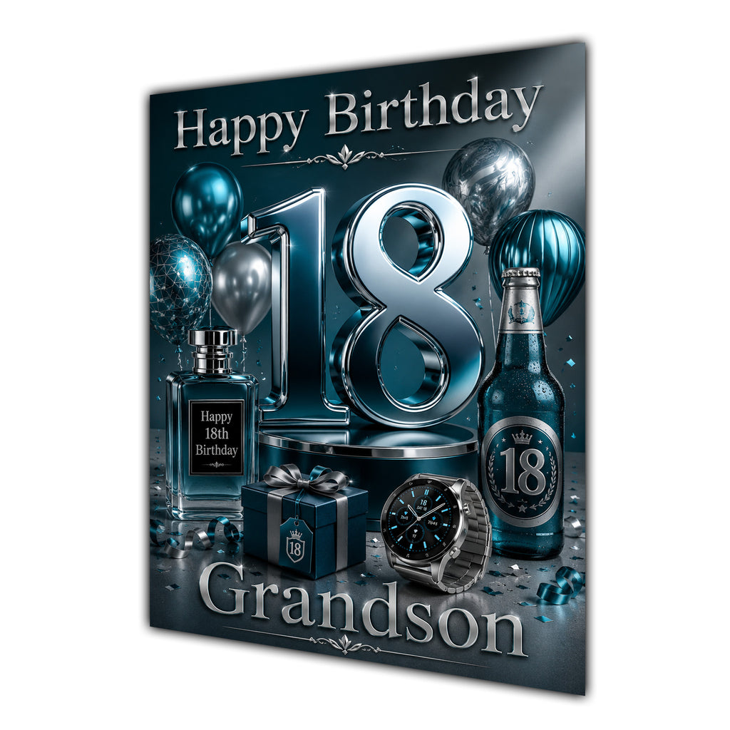 Grandson 18th Birthday Card - Dark Teal and Silver Number, Watch and Bottles