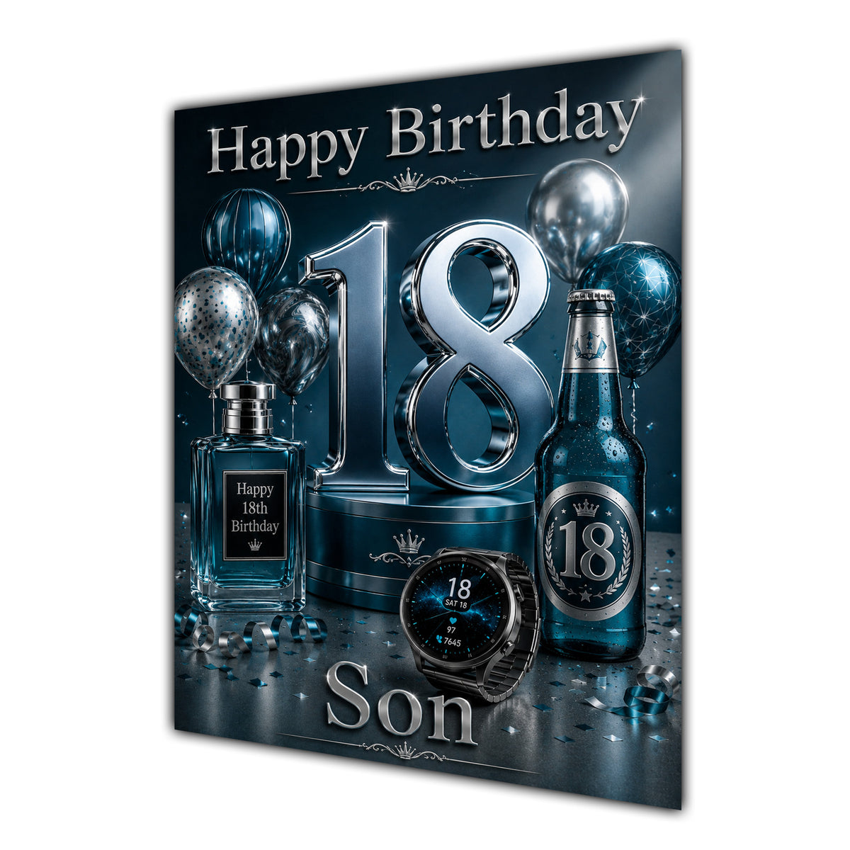Son 18th Birthday Card - Dark Teal and Silver Number, Watch and Bottles