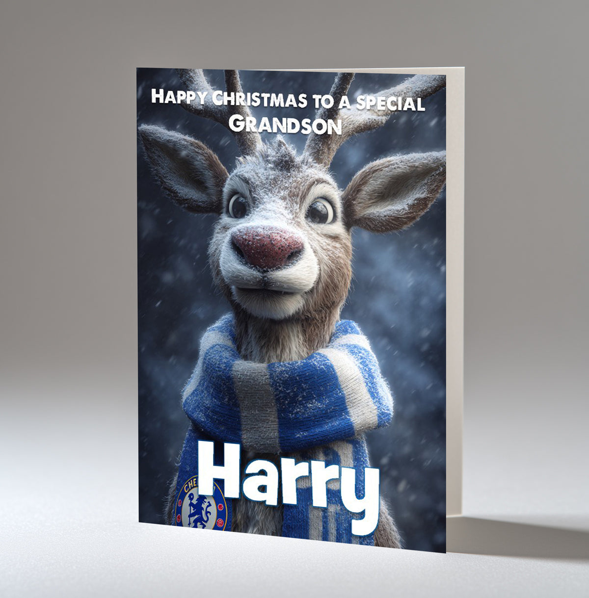 Personalised Christmas Card For Grandson, Son, Nephew, Brother, Friend, Rudolph The Red Nose Reindeer The Football Fan