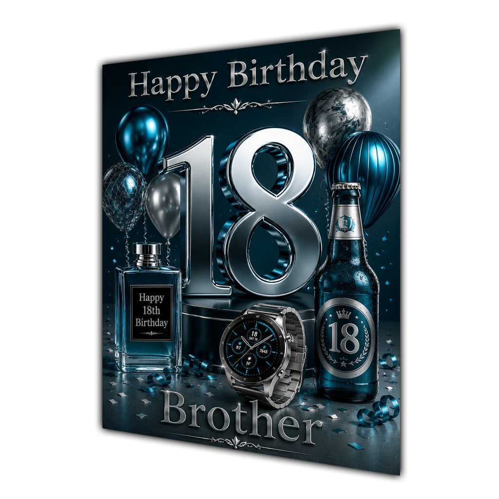 Brother 18th Birthday Card - Dark Teal and Silver Number, Watch and Bottles