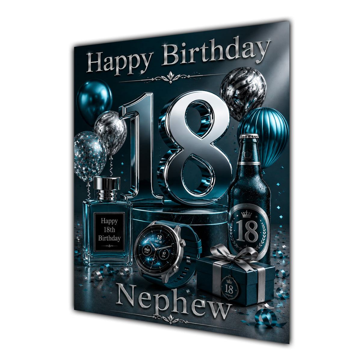 Nephew 18th Birthday Card - Dark Teal and Silver Number, Watch and Bottles