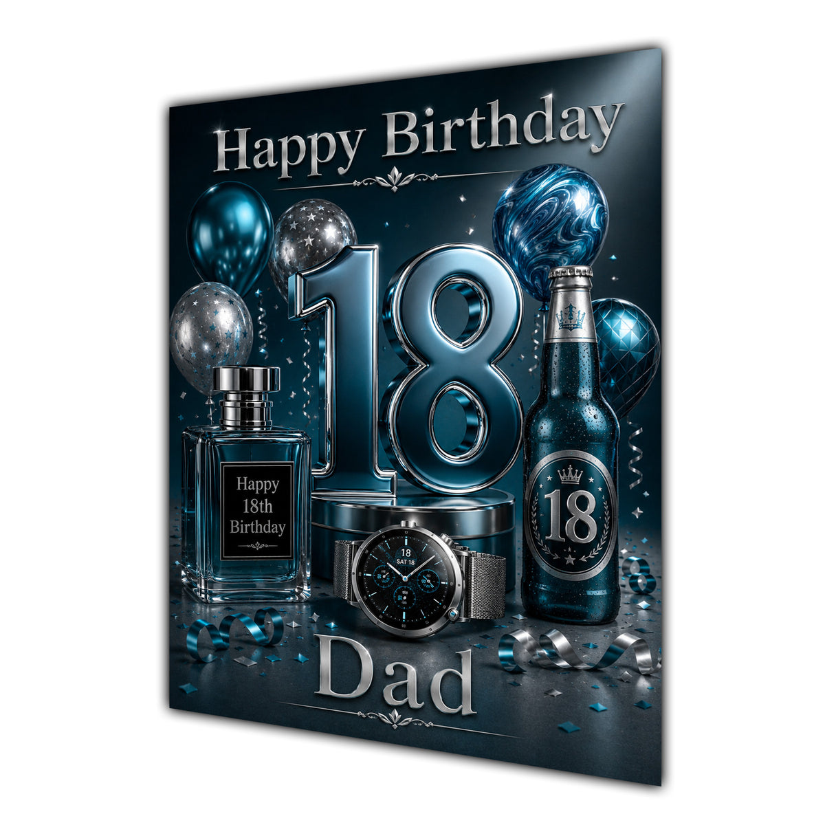 Dad 18th Birthday Card - Dark Teal and Silver Number, Watch and Bottles