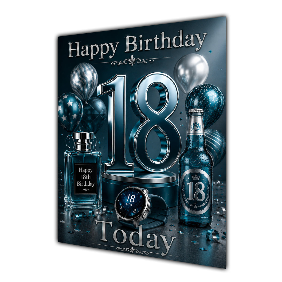 18th Birthday Card - Dark Teal and Silver Number, Watch and Bottles