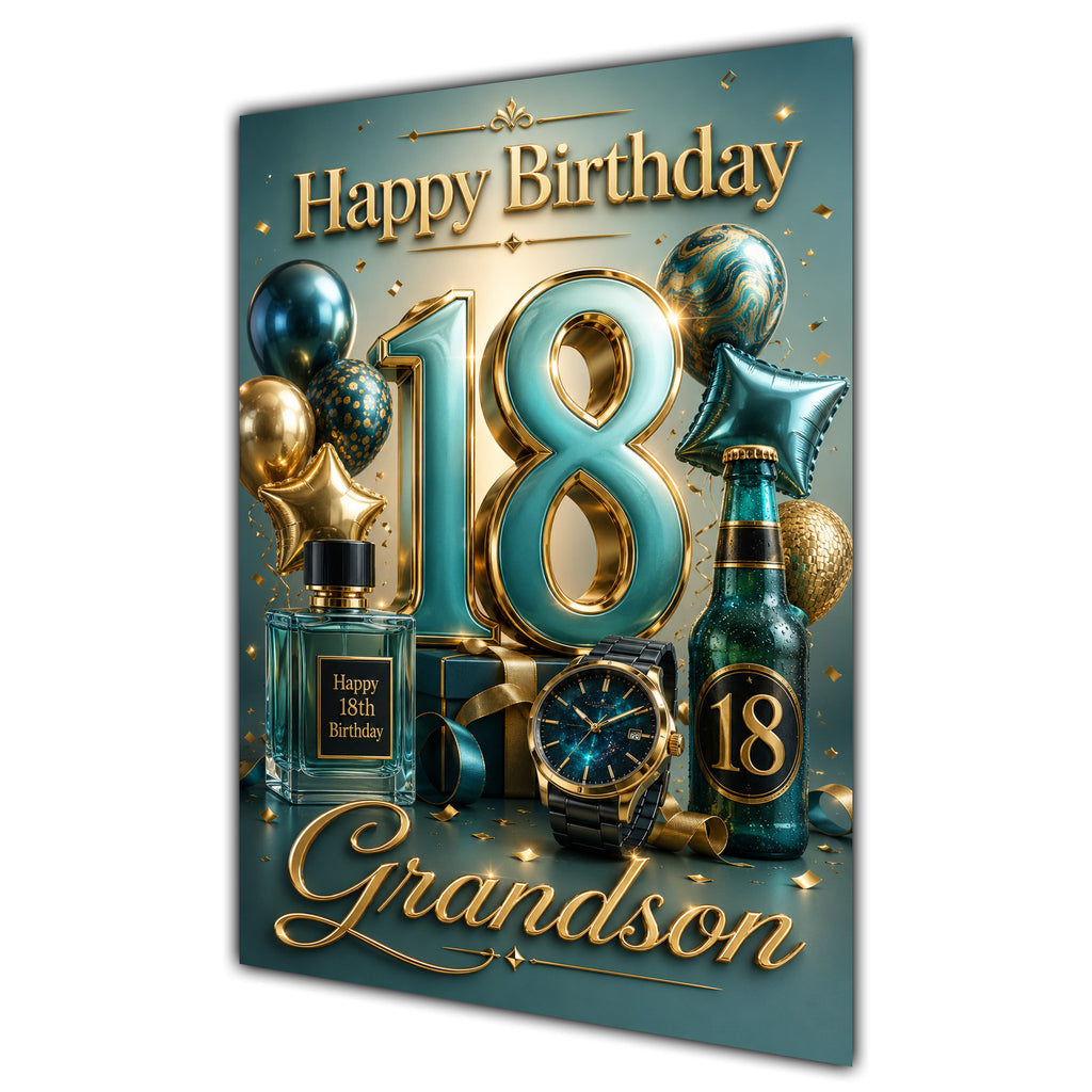 Grandson 18th Birthday Card - Teal and Gold Number, Watch and Bottles