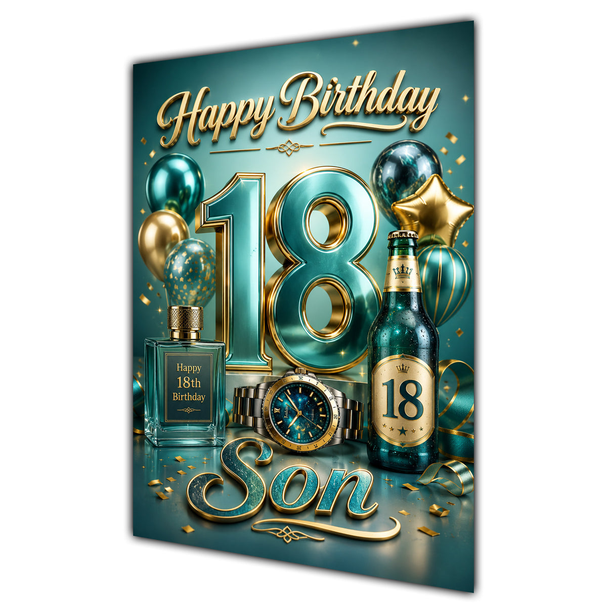 Son 18th Birthday Card - Teal and Gold Number, Watch and Bottles