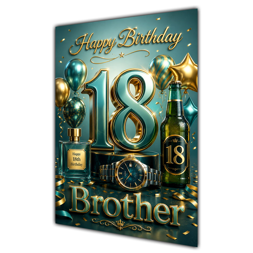 Brother 18th Birthday Card - Teal and Gold Number, Watch and Bottles