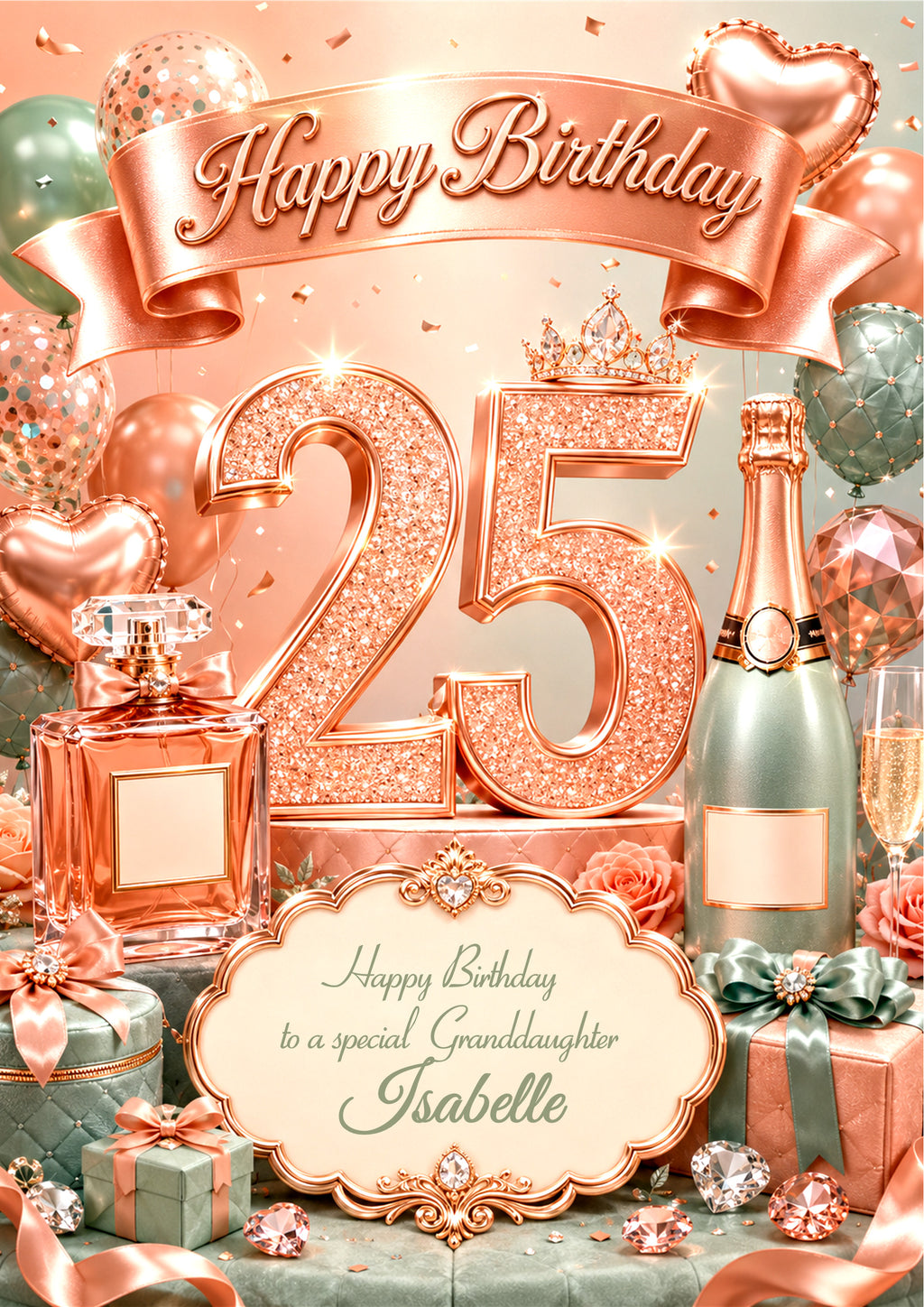 25th Birthday Card For Girls, womem, Daughter, Granddaughter, Niece, Sister, Perfume, Bubbles, Floral E979-3