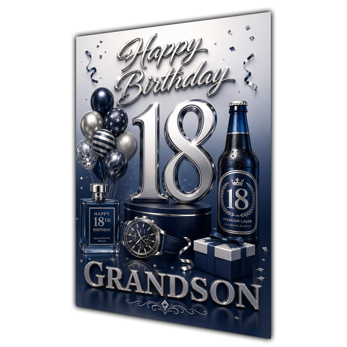 Grandson 18th Birthday Card - Navy and Silver Number, Watch and Bottles