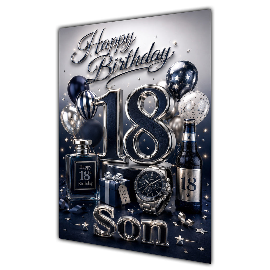 Son 18th Birthday Card - Navy and Silver Number, Watch and Bottles